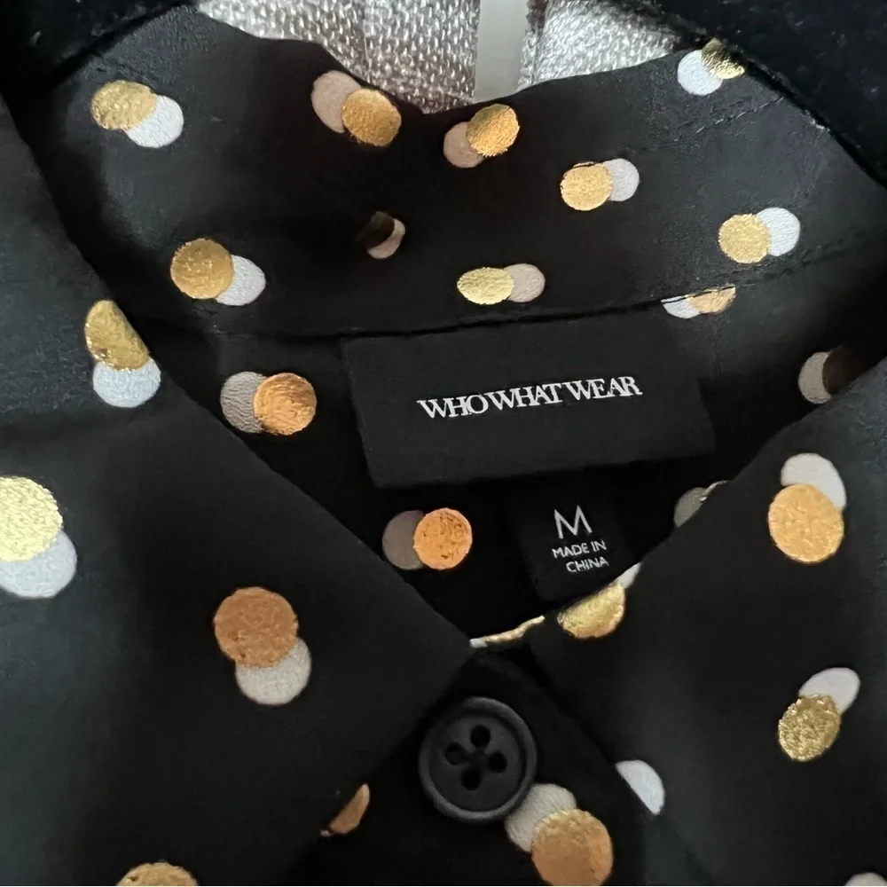 NWT Who What Wear Black Button Down Shirt with Gold & White Polka Dots Medium